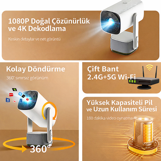 K2 Kablosuz Şarjlı Android Sistemli Projektör – 4K & 1080P Akıllı Mini Projeksiyon Cihazı | Android 11 | Taşınabilir & Bataryalı