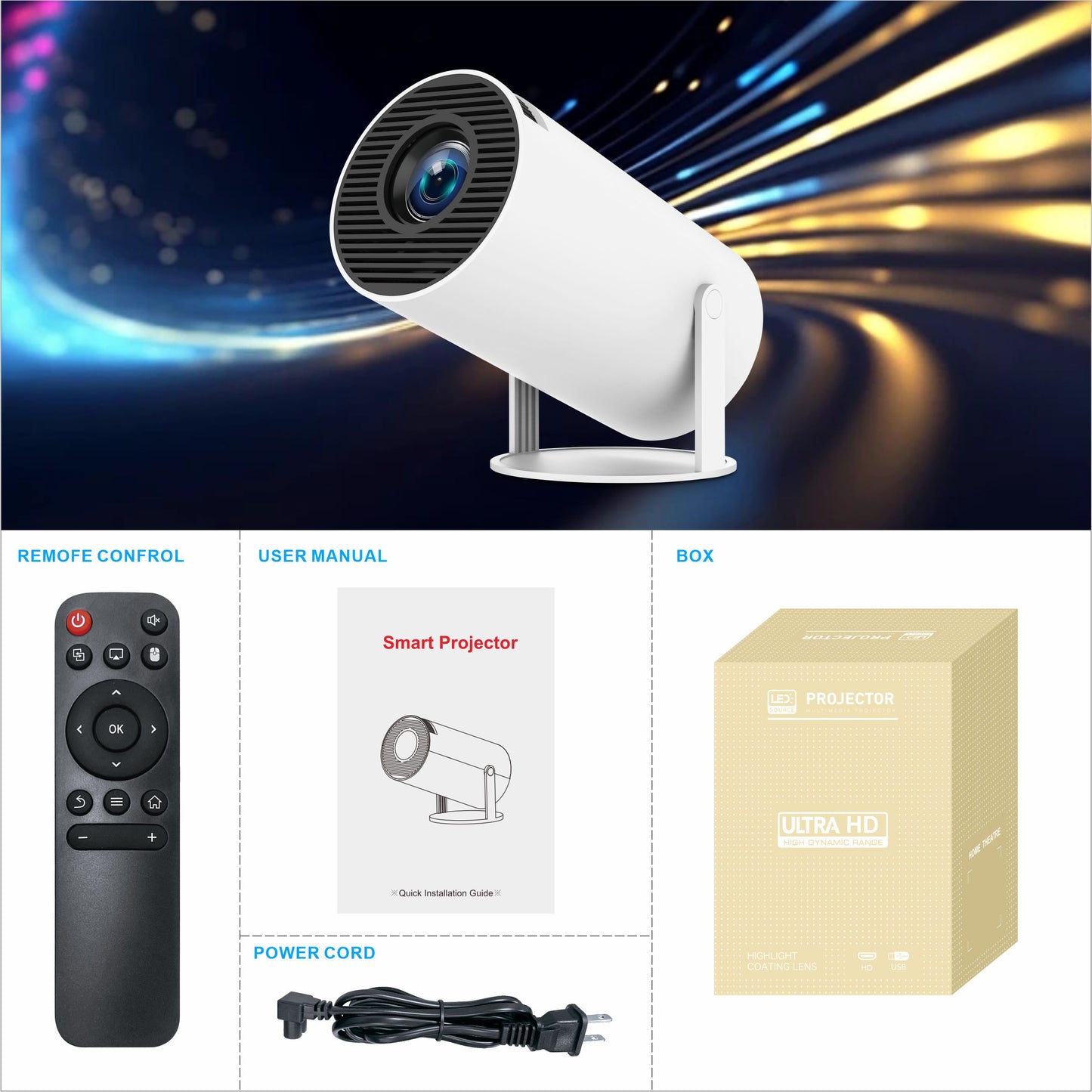 4K Projektör HY300 Pro - 1080P Full HD | Android 11, Wi-Fi 6 + Bluetooth 5.0, Taşınabilir Mini Projektör