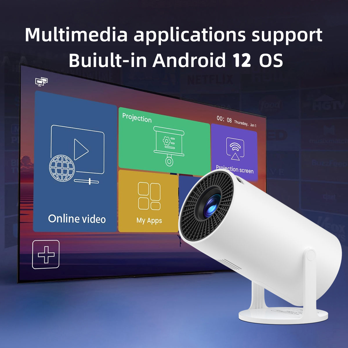 4K Projektör HY300 Pro - 1080P Full HD | Android 11, Wi-Fi 6 + Bluetooth 5.0, Taşınabilir Mini Projektör