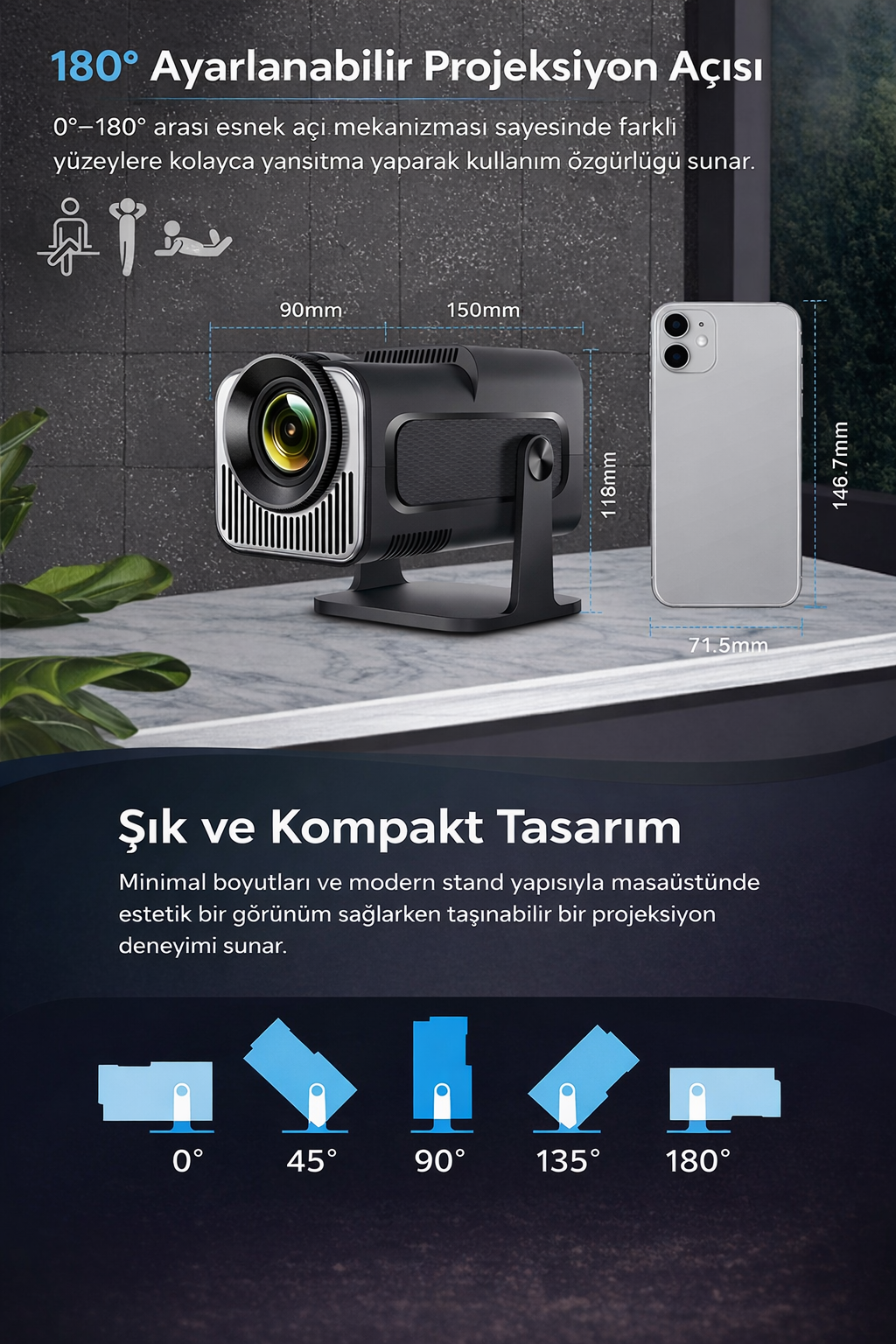 HY320 Mini Full HD 1080P Akıllı Projektör – Android 11, Wi-Fi 6, Bluetooth 5.0, 4K Destekli Ev Sinema Cihazı