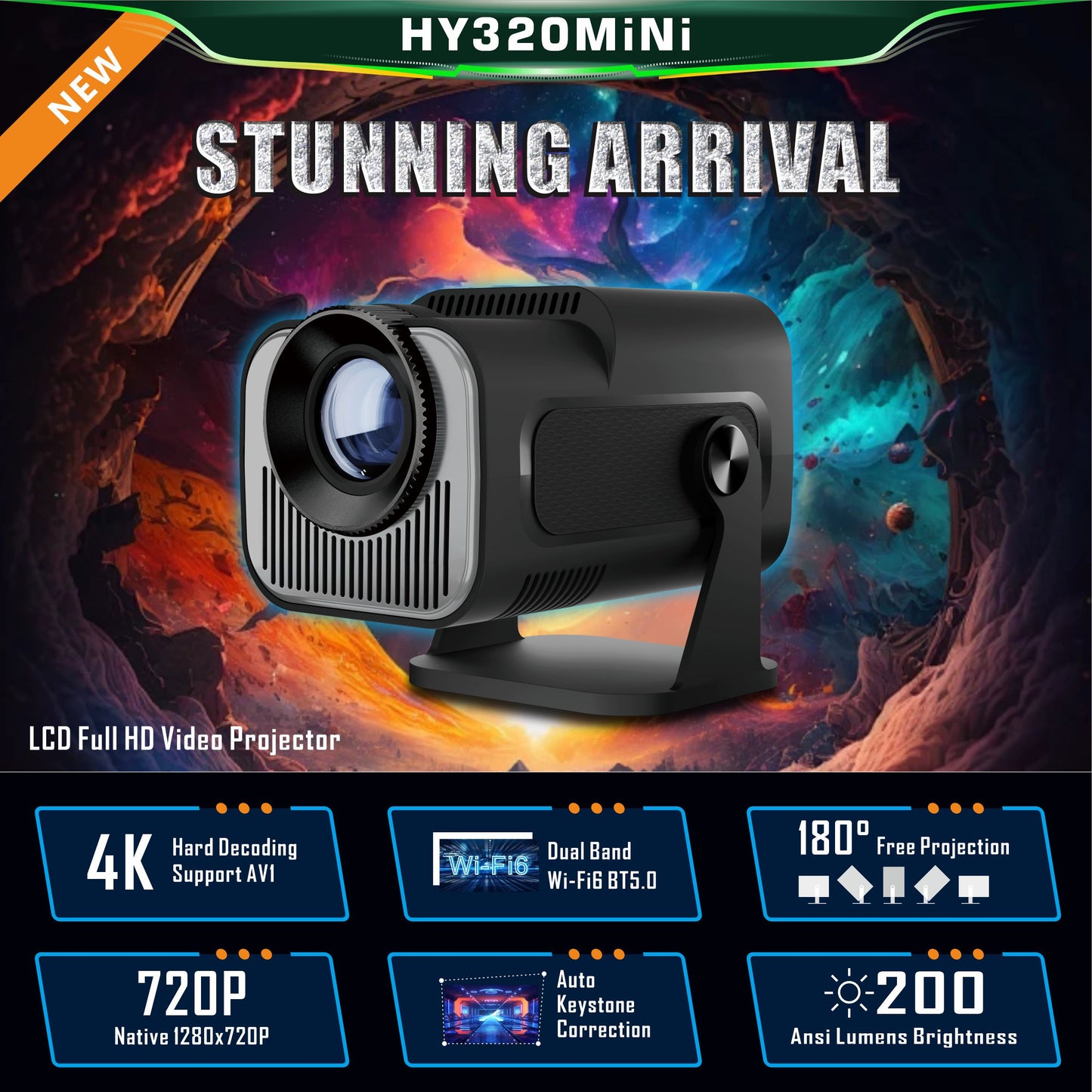HY320 Mini Full HD 1080P Akıllı Projektör – Android 11, Wi-Fi 6, Bluetooth 5.0, 4K Destekli Ev Sinema Cihazı