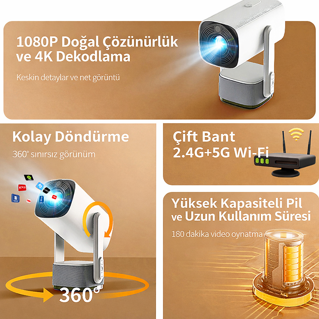 K2 Kablosuz Şarjlı Android Sistemli Projektör – 4K & 1080P Akıllı Mini Projeksiyon Cihazı | Android 11 | Taşınabilir & Bataryalı
